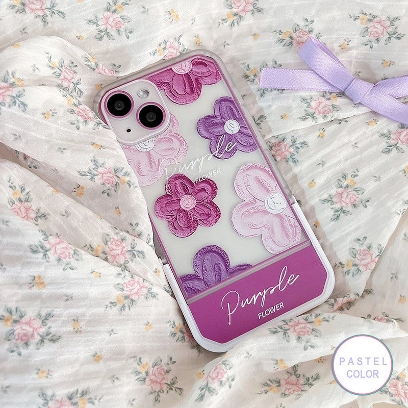 3D Cute Creative Purple Flower Cartoon Oil Painting Floral Decor Wave Curly Edge Invisible Stand Holder Case